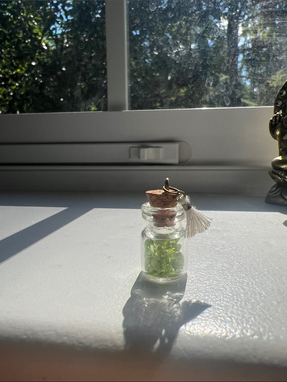 Peridot for August birthdays Mini Cork Bottle Necklace and small grey tassel